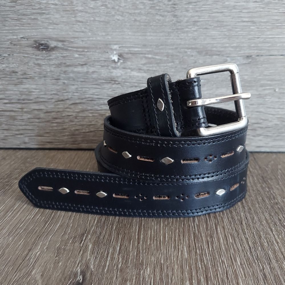 Men's Black Leather Perforated Belt with Silver Buckle & Studs Size XL
